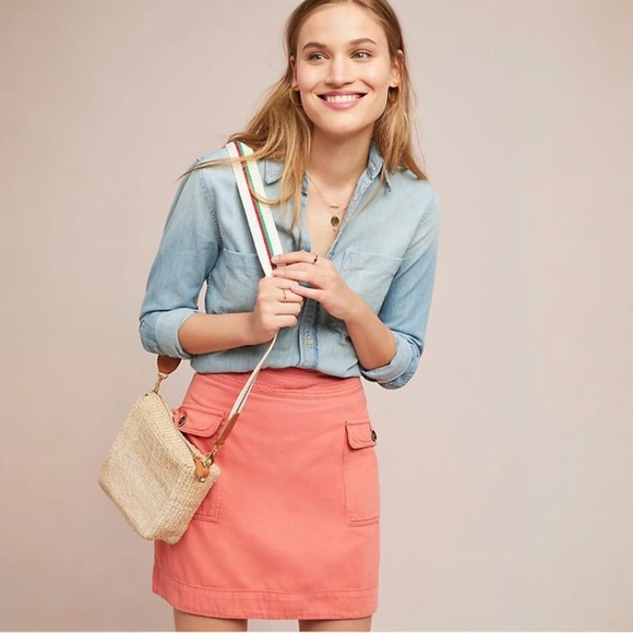 By Anthropologie Coral Cargo Utility Skirt Size 6 Flap Pockets Linen Blend‎ - Picture 6 of 6